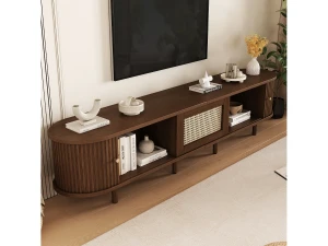 Hauss Spole Móvel de TV com 2 portas de correr e 1 gaveta de vime, em folheado de nogueira castanha