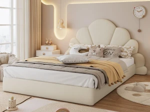 ModernLuxe Cama individual 140x200 cm estofada em veludo - cabeceira em forma de flor - com ripado - Bege