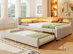 ModernLuxe Sofá-cama 140x200 cm - com iluminação LED - com cama articulada - com portas USB + TYPE-C - linho - bege (colchão não incluído)