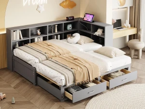 ModernLuxe Sofá-cama em madeira maciça 90x190 cm - com cama articulada - com compartimento de arrumação - com 2 gavetas - cinza