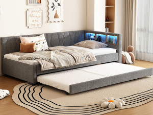 ModernLuxe Slaapbank 90x200 cm - met opbergbed - met USB- + Type-C-aansluitingen - met LED-verlichting - grijs (matras niet inbegrepen)