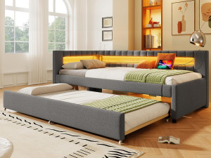 ModernLuxe Slaapbank 90x200 cm - met LED-verlichting - met opbergbed - met USB- + TYPE-C-aansluitingen - linnen - grijs (matras niet inbegrepen)