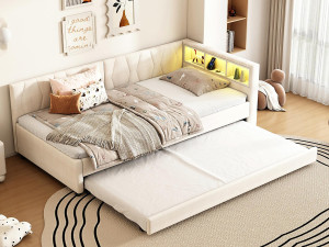 ModernLuxe Slaapbank 90x200 cm - met opbergbed - met USB- + Type-C-aansluitingen - met LED-verlichting - beige (matras niet inbegrepen)