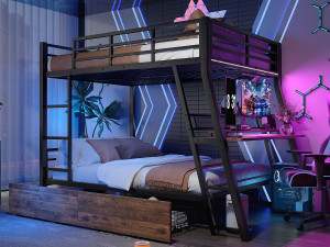 ModernLuxe Stapelbed 140x200 cm - met LED-verlichting - met 2 lades - met oprit + ladder - met bureau - zwart