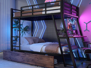 ModernLuxe Stapelbed 90x200 cm - met LED-verlichting - met 2 lades - met oprit + ladder - met bureau - zwart