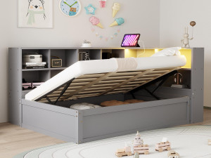 ModernLuxe Slaapbank met opbergruimte 90x200 cm - met stopcontact en opbergruimte - met lichtbalk - grijs (zonder matras)