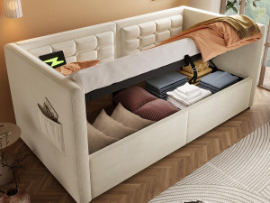 ModernLuxe Gestoffeerde slaapbank 90x200 cm - met opbergruimte - met USB- en Type-C-poorten - fluweel - beige