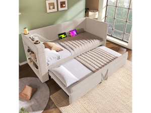 marque Opklapbed 90x190eenpersoonsslaapbank met armleuningenUSB- en Type-C-poort en bekerhoudersgemengde stofbeige linnen