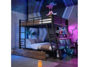 Merax Beliche infantil - 140 x 200 cm - estrutura de ferro - com LEDs + 2 gavetas + escrivaninha - Metal + MDF - preto