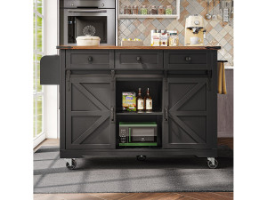 Merax Keukeneiland op wielen - 140 x 45 x 94 cm - met uitschuifbaar werkblad + 2 deuren + 3 laden - Metaal + MDF - zwart