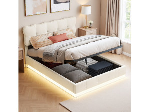 Opbergbed van 140x200 cm met ledverlichting en lattenbodem, tweepersoonsbed met groot opbergvak, fluweel, beige