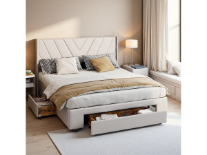 Tweepersoonsbed 140x200 cm met 3 massief houten lades, bed voor volwassenen met lattenbodem, gestoffeerd bed met opbergruimte, linnen, beige