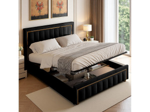 Opbergbed 140x200 cm met hoofdbord en lattenbodem, met hydraulische opbergruimte onder het bed, verticale gouden randen, zwart