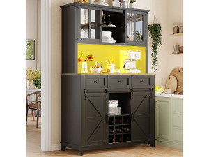 Merax Hoge keukenkast - 105 x 40 x 180 cm - met verstelbare planken + LED's + 4 deuren + 3 laden - Metaal + MDF - zwart