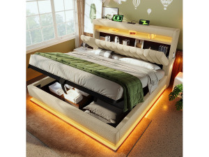 Merax Tweepersoons gestoffeerd bed met opbergruimte - 160 x 200 cm - met hoofdbord + USB + LED's + hydraulische opbergruimte - linnen - beige