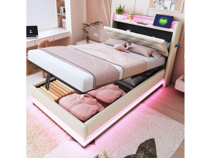 Merax Kinderbed met opbergruimte - 90 x 200 cm - met LED's + USB + opklapbaar hoofdeinde - hydraulische opbergruimte - linnen stof - beige