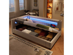 Merax Gestoffeerd opbergbed - 90 x 200 cm - met LED's + USB + Type-C + hydraulische opbergruimte - linnen + MDF - beige