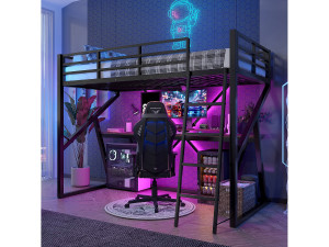 Merax Kinderhoogslaper - 90 x 200 cm - ijzeren frame - met LED-verlichting + trap + bureau - Metaal + MDF - zwart