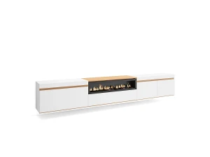 Skraut Home Móvel de TV, 288x35x45cm, TV de grande formato, Lareira eléctrica, Suspensos, Branco e Carvalho soft