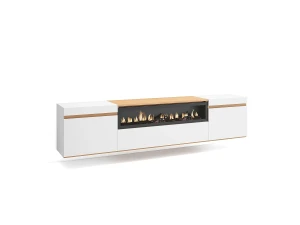 Skraut Home Móvel de TV, 200x35x45cm, Para televisores até 80", Lareira eléctrica, Suspensos, Branco e Carvalho soft