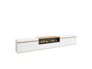 Skraut Home Móvel de TV, 288x35x45cm, TV de grande formato, Lareira eléctrica, Branco e Carvalho soft
