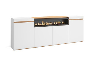 Skraut Home Dressoir, Opbergkast, 200x35x75cm, 4 Deuren, Elektrische haard, Wit en Eiken soft