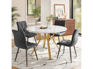 Merax Set van 5 eettafel en stoelen - 100 x 100 x 75 cm - ronde tafel + 4 fluwelen stoelen - MDF + staal - grijs + wit