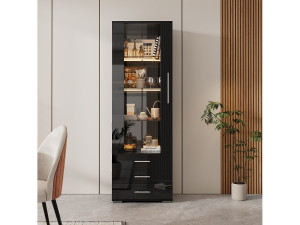 Merax Vitrinekast van glanzend glas - 60 x 180 x 35 cm - met ledverlichting - Verticale vitrinekast met 3 lades - MDF - Zwart