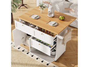 Merax Keukeneiland op wielen - 133 x 70 x 88 cm - roltafel met uitschuifbare kasten + 3 lades + 3 deuren - MDF - wit