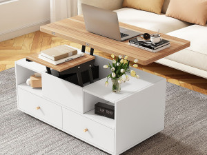 ModernLuxe Salontafel 100×50×47.5 cm - met opklapfunctie - 4 laden - met draaibare wieltjes - wit + naturel