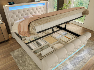 ModernLuxe Gestofferd opbergbed 160x200cm - met LED - met USB- en Type-C-poorten - Velvet - Beige