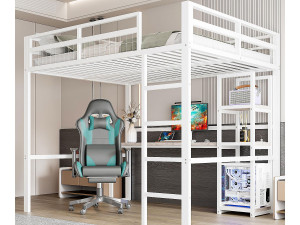 ModernLuxe Verlichte mezzanine 140x200 cm - met bureau - met USB + Type-C - leuning - ladder - wit (zonder matras)
