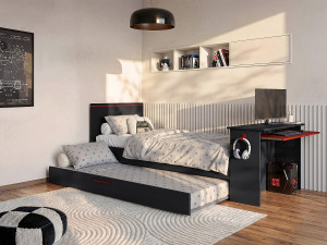 Unique Cama nido gamer  90 x 200 et 90 x 190 cm - Con escritorio - LEDs - Antracita y rojo - VOUANI
