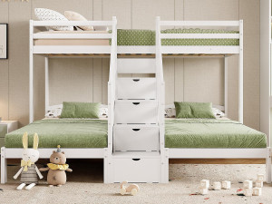 ModernLuxe Stapelbed 90x200 cm - 3 slaapplaatsen - trap met opbergruimte - met 4 lades - met hekwerk - wit