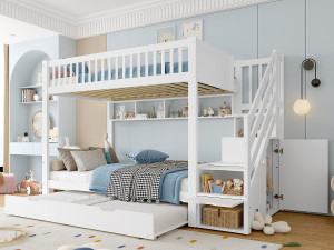 ModernLuxe Kinder stapelbed 90x200 cm - met opbergbed - met planken + kast - met opbergvakken - wit