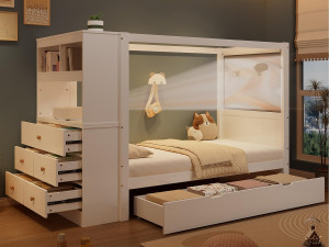 ModernLuxe Kinderbed 90x200 cm - met 5 lades - met veiligheidshekje - met opbergsteun - Wit (zonder matras)
