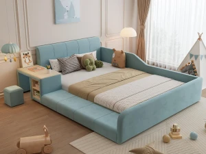 ModernLuxe Cama infantil 140x200 cm estofada em veludo - com mesa de estudo e banquinho infantil - com prateleira de arrumação - Azul (sem colchão)