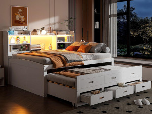 ModernLuxe Slaapbank 140x200 cm - met LED-verlichting - 3 laden - met USB + Type-C - wit (matras niet inbegrepen)