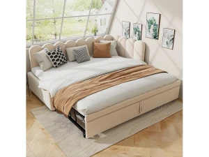 Merax Sofá-cama infantil estofado 2 em 1 - 90/180 x 200 cm - em L - veludo + contraplacado + MDF - bege