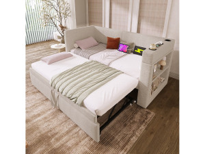 ModernLuxe Gestoffeerde slaapbank 90x200 cm - met uittrekbaar bed 90x200 cm - met USB- en Type-C-poorten - met bekerhouder - Beige (zonder matras)