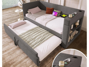 ModernLuxe Gestoffeerde slaapbank 90x190 cm - met uittrekbaar bed 90x190 cm - met USB- en Type-C-poorten - met bekerhouder - Grijs (zonder matras)