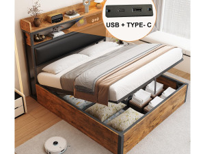 ModernLuxe Opbergbed 140x200 cm - met USB-poort en planken - zwart (matras niet inbegrepen)