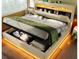 ModernLuxe Gestoffeerd opbergbed 140x200 cm - met LED - met USB- en Type-C-poorten - Linnenstof - Hoofdeinde met opbergruimte - Beige