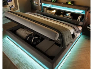 ModernLuxe Cama baú estofada 180x200 cm - com LED - com portas USB e Type-C - Tecido de linho - Cabeceira com espaço de armazenamento - Cinza