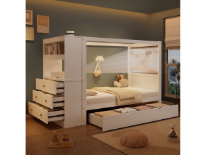Merax Eenpersoonsbed kinderbed - 90 x 200 cm - met opbergmeubel + 5 lades - grenen + PB - wit + naturel
