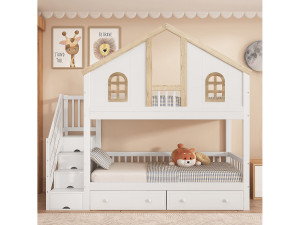 Merax Kinderstapelbed - 2 x 90 x 200 cm - met raam + 2 lades + 4 opbergruimtes in de trap - grenen + MDF - wit + naturel