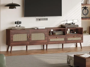 ModernLuxe Móvel de TV 200x37x49,5 cm - com 2 portas de vime - 2 gavetas - para TV de 80 polegadas - castanho