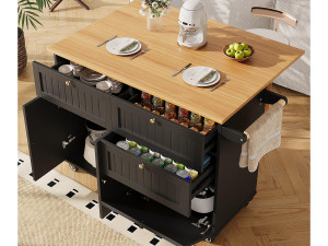 ModernLuxe Mobiel keukeneiland - uitschuifbaar blad - 3 lades en 2 deuren - 1 klepdeur - met handdoekhouder - MDF - zwart + natuurlijk