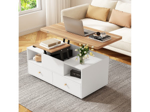 Merax Opklapbare salontafel - 100 x 50 x 47,5 cm - met inklapfunctie + 4 lades + wielen - MDF - naturel