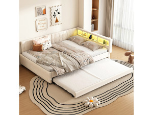 Hauss Spole Volwassen slaapbank 140x200cm beige linnen met uitschuifbed 90x190cm, LED en USB, lattenbodem, zonder matras